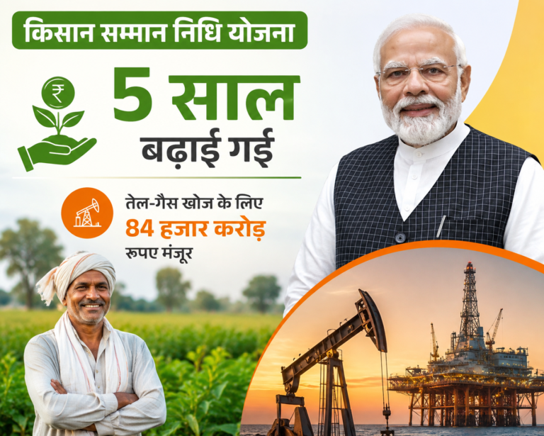 कैबिनेट के बड़े फैसले: पीएम किसान सम्मान निधि योजना 5 साल बढ़ी, तेल-गैस खोज के लिए ₹84,084 करोड़ मंजूर